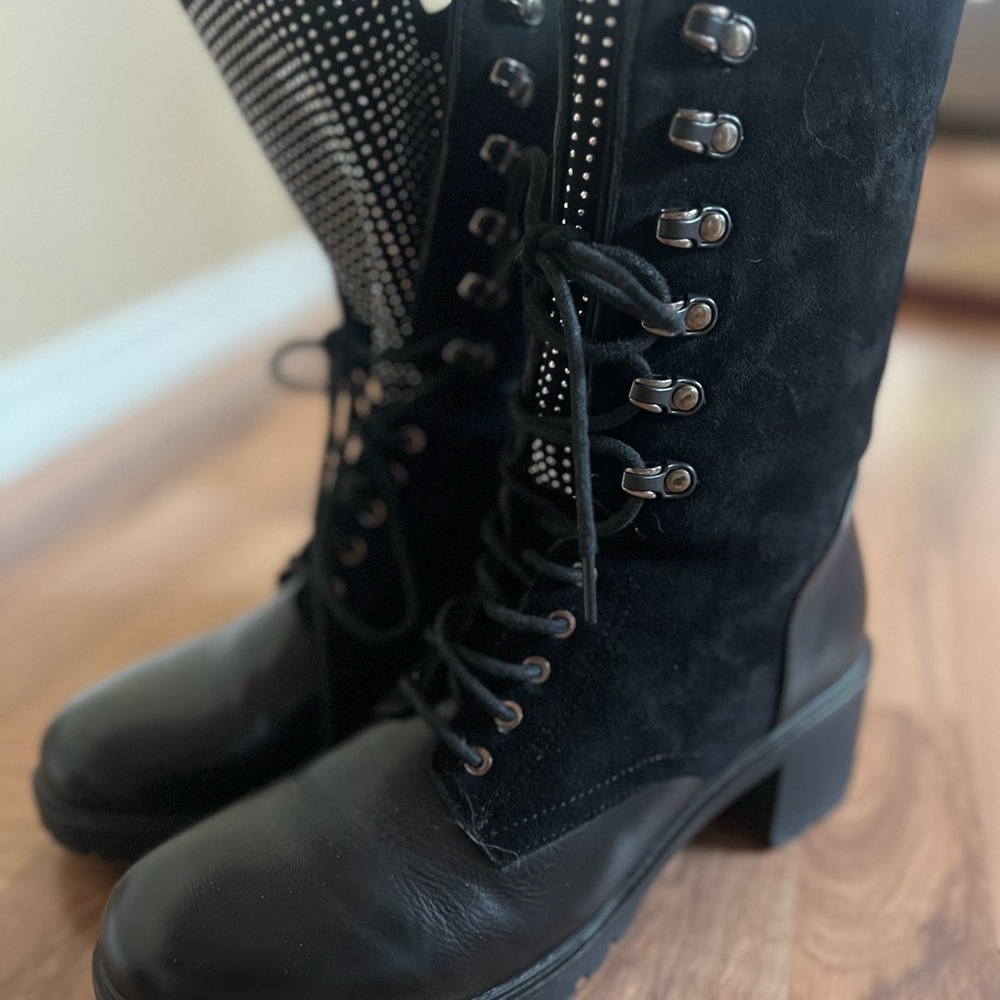 Olivia Miller Black Combat Moto Boots with Lace-Up Design and Rhinestone Tongue